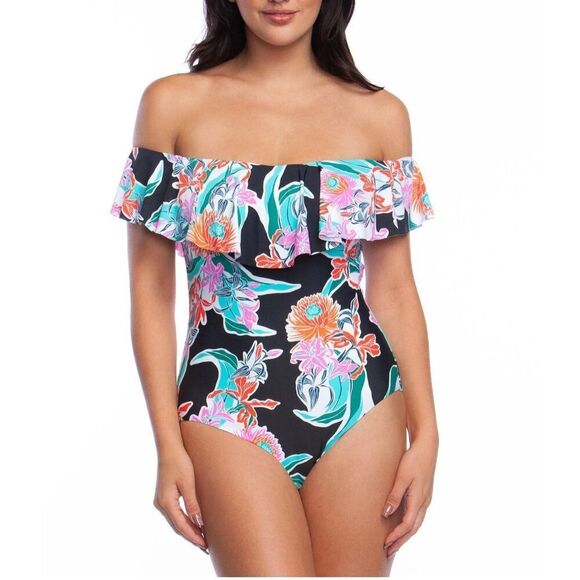Trina Turk‎ Womens Tropic Wave Off The Shoulder One Piece Swimsuit Multicolor 4 - Picture 1 of 10